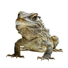 Fototapeta premium Lizard crawls on white background during daylight, showcasing its features and movements