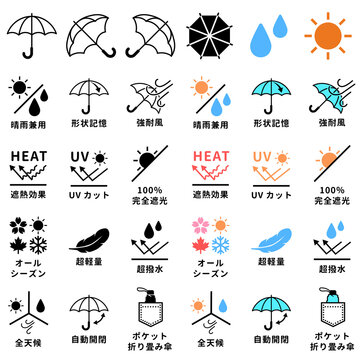 傘の機能表示アイコンセット 晴雨兼用 UVカット 遮熱 撥水 耐風 軽量 折りたたみ傘 日傘 雨傘 商品説明用 ピクトグラム イラスト 素材 全天候 オールシーズン背景透過PNG切り抜き素材