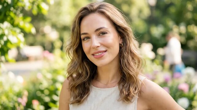 Woman smiling directly at camera in outdoor park