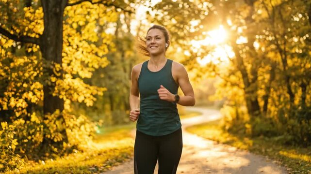 Woman jogging on autumn forest path during sunset