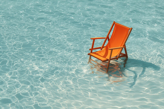 Bright orange beach chair floating above turquoise water in absurd summer relaxation concept on soft blue background