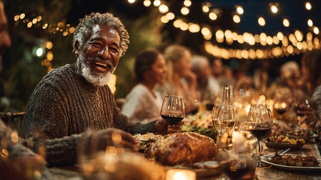 A multi-generational family dinner in a lush garden, a charismatic grandfather (75) is telling a story, high-energy, candid laughter, soft evening lighting