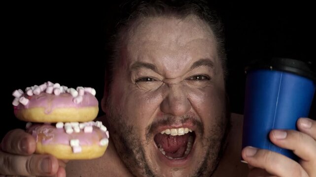 A funny fat man overeats tasty and unhealthy food.