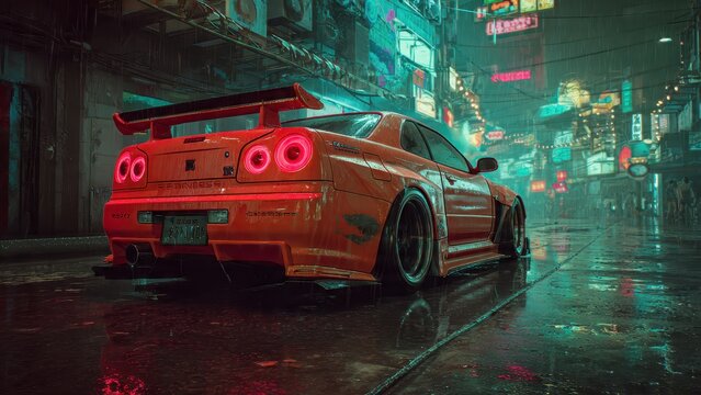 Tuned orange sports car with glowing taillights on a rain-slicked cyberpunk city street at night, reflecting neon signs and vibrant urban lights. Dynamic futuristic street racing scene.