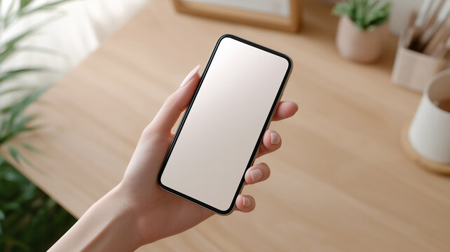 スマートフォンの空白画面を持つ女性の手元 自宅での情報チェックをイメージしたシンプルなモックアップ