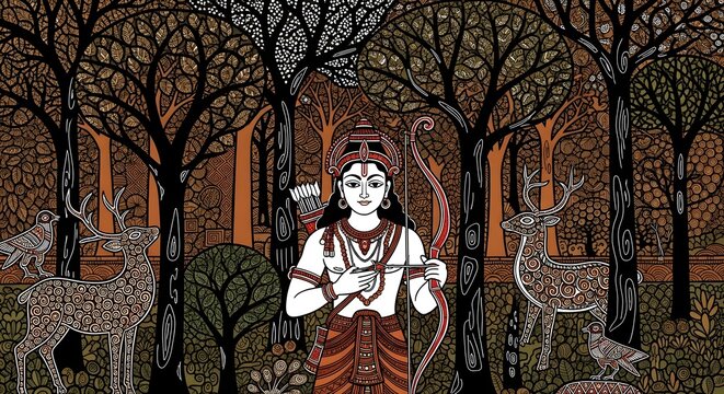 Lord Rama With Bow In Patterned Forest