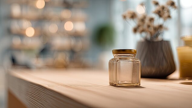 Minimalist Glass Jar with Golden Lid on Wooden Countertop.