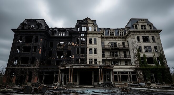 Damaged buildings after natural disaster storm.