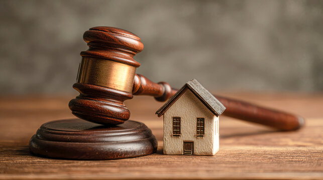Legal tools are placed together with a wooden house model on a table showing the relationship between law and real estate