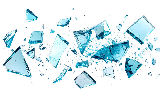 Shattered blue glass shards explode against a dark backdrop, creating a dynamic effect