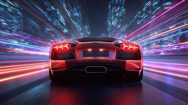 Red sports car speeding through a futuristic cityscape at night with neon lights