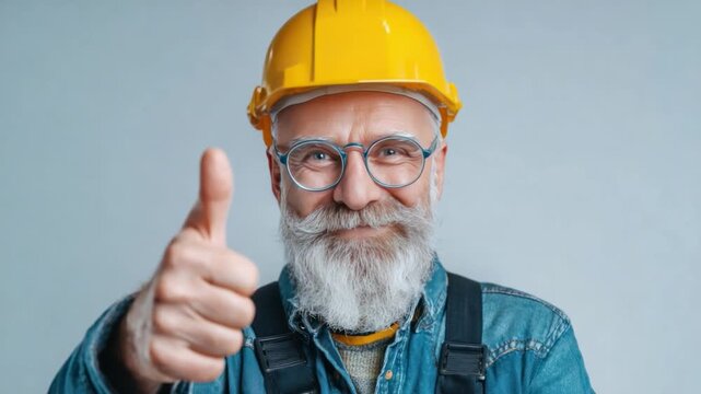 Construction Worker's Affirmation: A seasoned construction worker, donning a yellow hard hat and safety glasses, flashes a thumbs up, a gesture of approval and confidence.
