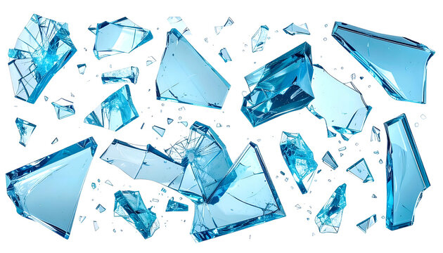 Shattered glass pieces in shades of blue on a black background, scattered, isolated