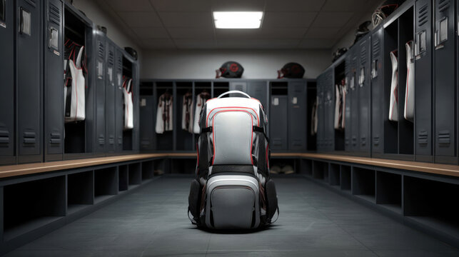 Backpack placed in an empty sports locker room surrounded by lockers and team uniforms during practice hours