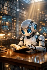 Custom vertical slats with your photo Robot reading book on wooden desk in library with blue glowing eyes blue eyes