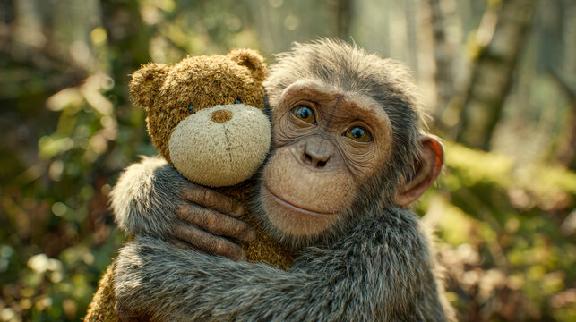Monkey hugs teddy bear in forest setting during daylight hours