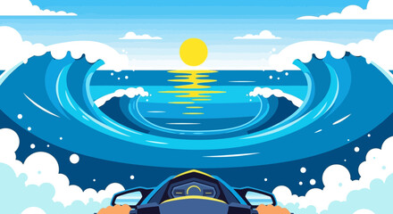 Jet Ski Rider Surfing Big Ocean Waves Under Sunny Sky © Kadal