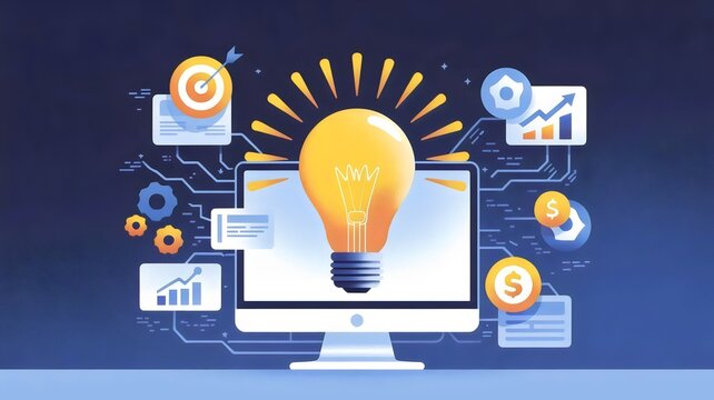 Digital illustration of idea bulb emerging from monitor - Great for marketing agency websites, brainstorming, or digital transformation.