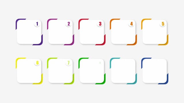 animated video of business infographics white shape with multi color label 10 and 15 steps for workflow, presentation, 4k animation