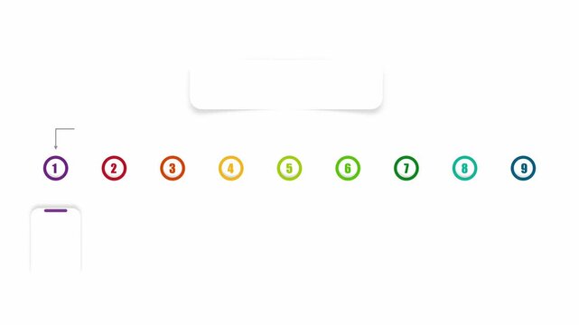 animated video of business infographics white shape with multi color label 9 steps on white and grey background for workflow, presentation, 4k animation