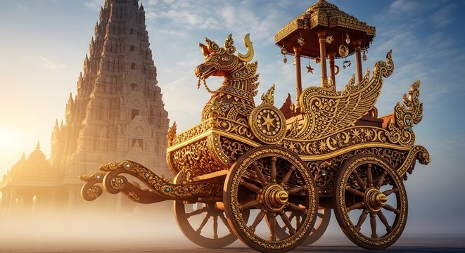 Golden Mythological Temple Chariot with Dragon Design in Ancient Indian Architecture Setting