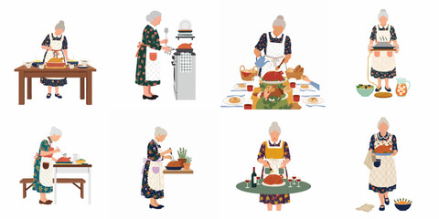 Fototapeta premium Collection of flat vector illustrations of a grandmother preparing and serving a traditional roasted turkey for a festive Thanksgiving or Christmas dinner.