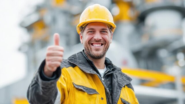 Cheerful Construction Worker with Approval Gesture: A construction worker, radiating positivity, confidently gives a thumbs-up.