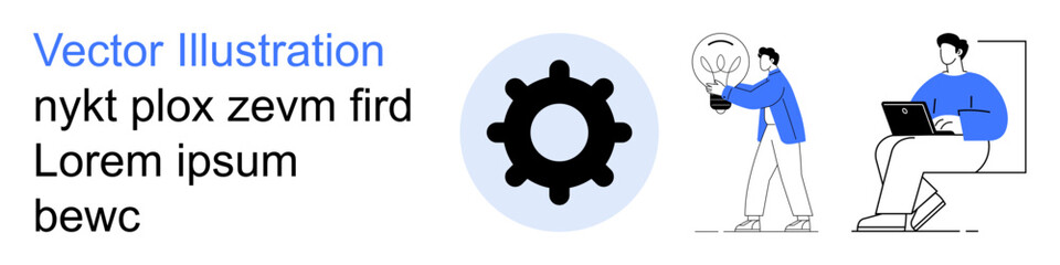 Fototapeta premium Teamwork, creativity, innovation, problem-solving, digital tools, productivity. Gear icon and people working with idea concept and laptop. Teamwork and creativity signify collaboration and solutions