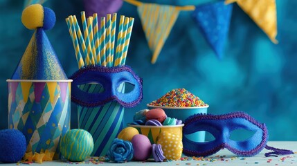 Obraz premium Purim Holiday Celebration Scene With Festive Decorations and Colorful Treats Taking Place at a Family Gathering or Community Event