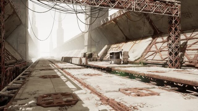 sunlit deserted concrete transit corridor with rusted rails, scattered crates, moss streaks, industrial arches and dangling cables camera drifts forward into