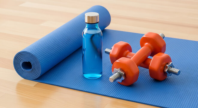 A blue yoga mat with dumbbells and a water bottle