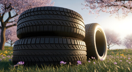 Obraz premium A stack of new tires rests on a grassy hill with blossoming pink trees high quality