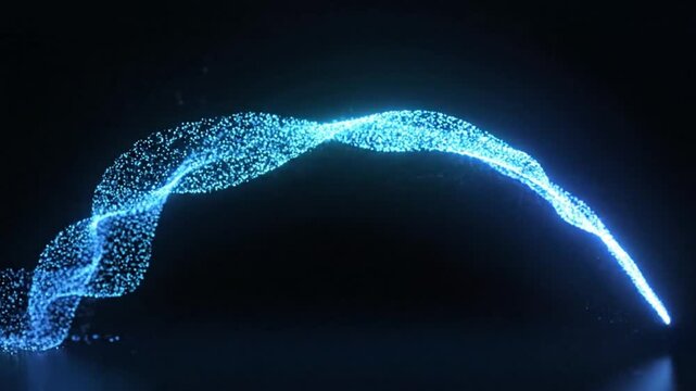 Dynamic Abstract Blue Glowing Particle Wave Flowing Elegantly Over a Dark Reflective Surface for Modern Futuristic Technology Backgrounds and Digital Science Presentations