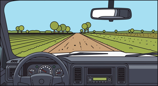 View from car dashboard on dirt road through rural landscape with trees