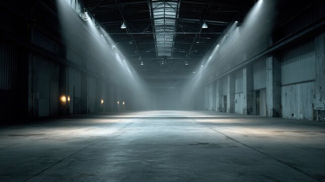 Large empty warehouse with light beams streaming through the roof during early morning hours