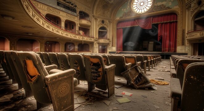 Abandoned old theater with empty seats.