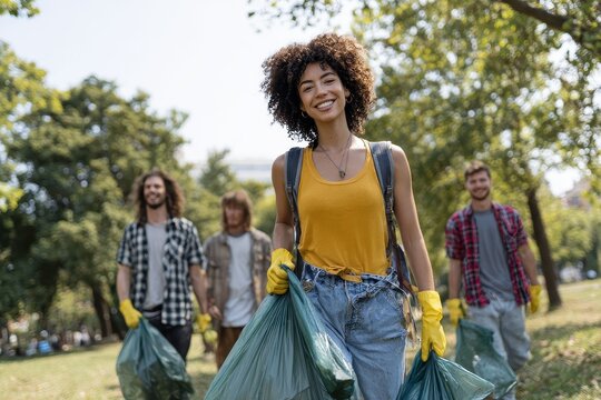 Group of volunteers picks up trash during community cleanup event in local park on a sunny day