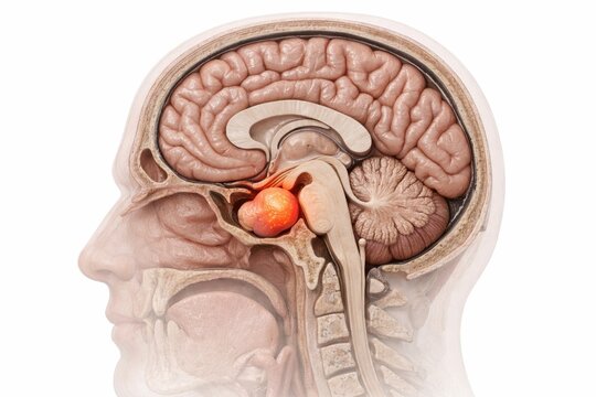 Hyper-realistic 3D medical visualization of a pituitary adenoma within the sella turcica showing enlargement with localized diagnostic glow inside a ghostly head outline render