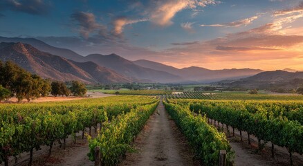 Naklejka premium Vineyard Landscape at Sunset with Majestic Mountains and Golden Sky.