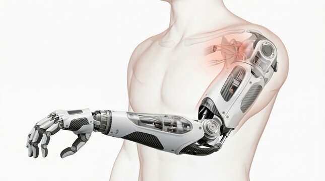 Hyper-realistic 3D medical visualization of a bionic prosthetic limb integrated with a ghostly human outline showing the neural interface highlight representing advanced rehabilitation