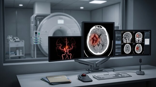 Advanced medical diagnostic workstation displaying multi-planar MRI and detailed 3D cerebral angiogram brain scans of localized intracerebral hematoma and aneurysm, clinical render