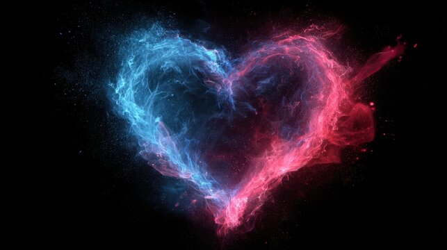 Colorful heart shape made of blue and red smoke in a dark background