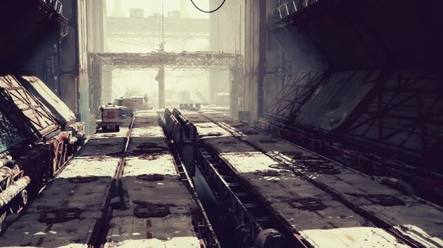 postapocalyptic transit tunnel lit by sunlight, abandoned loading platforms and rails framed by weathered metal, scattered containers and filmset vibe, salvage