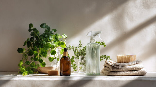 Spring cleaning essentials with green plants and natural light on a shelf.