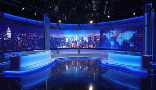 Modern Futuristic News Studio with Large LED Screens and Cityscape Background.