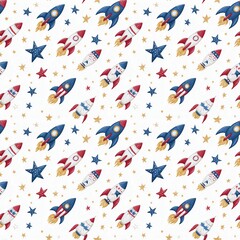 Fototapeta premium Seamless pattern featuring blue and red space rockets on a clean white background. Playful space-themed illustration perfect for kids textiles, nursery decor