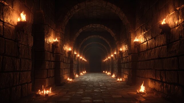 Dark corridor with torches lighting stone walls and floor in a dungeon