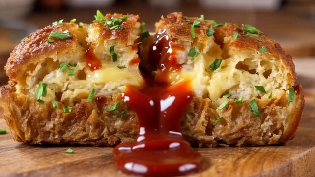 Delicious baked bread with cheese and ketchup pouring on wooden board