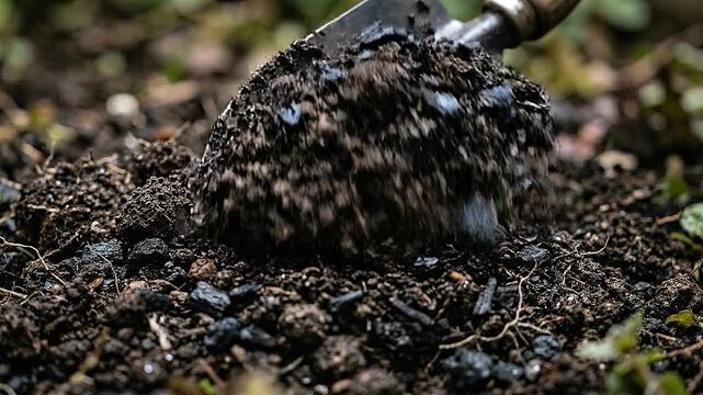 Regenerative soil gardening technology shovel compost earth nutrient rich dark loam charcoal amendment stirred to promote healthy plant growth