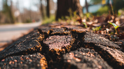 Naklejka premium Closeup of weathered tree stump with cracked bark and emerging greenery.